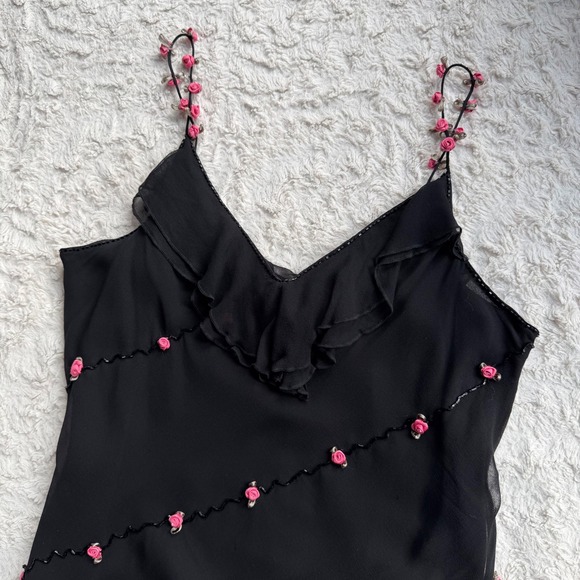 ICE Rosette Floral Slip Dress Beaded Ruffle Asymmetric Hem Cocktail Formal M - Picture 6 of 14